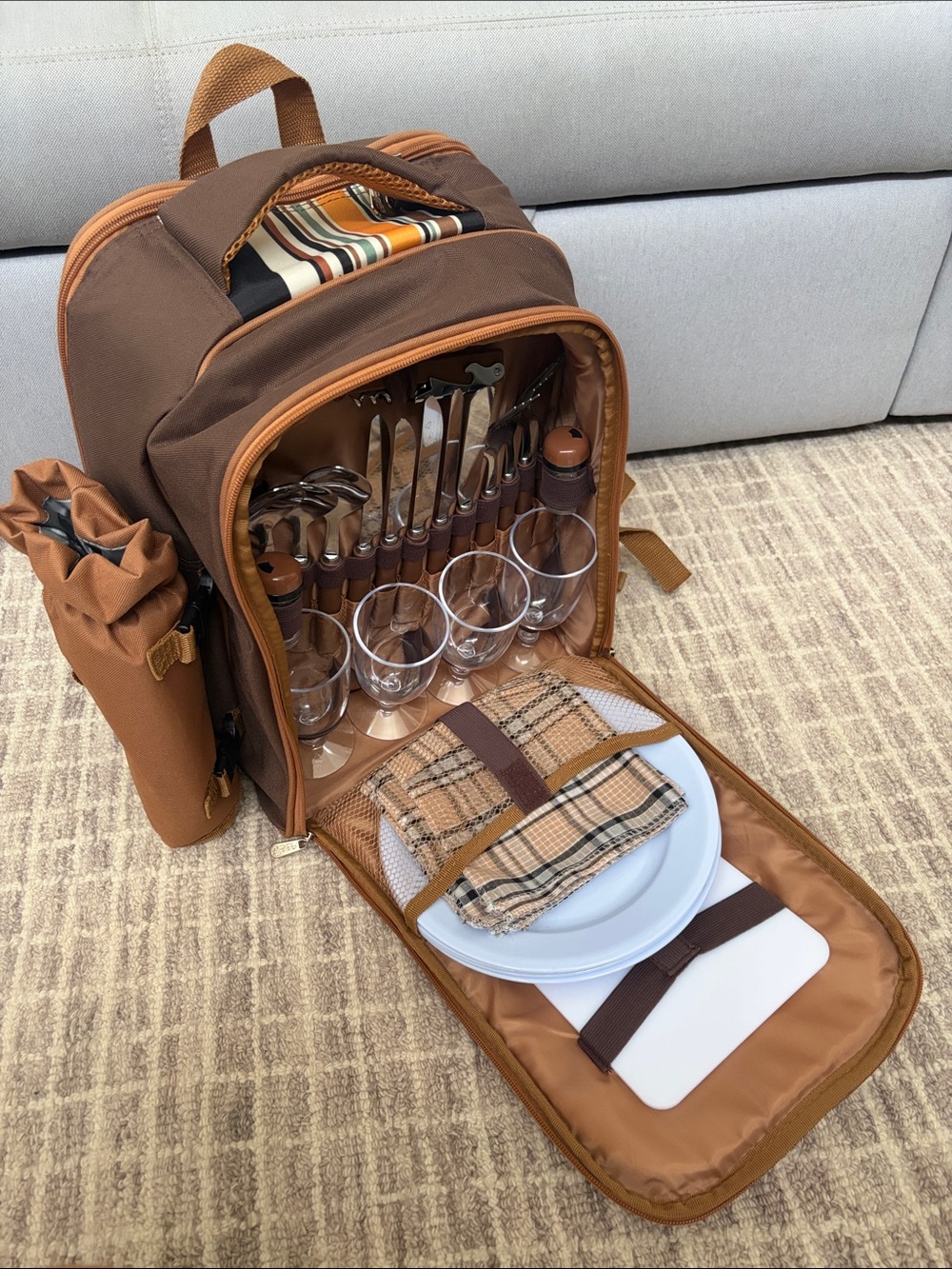 Brown Striped Picnic Backpack